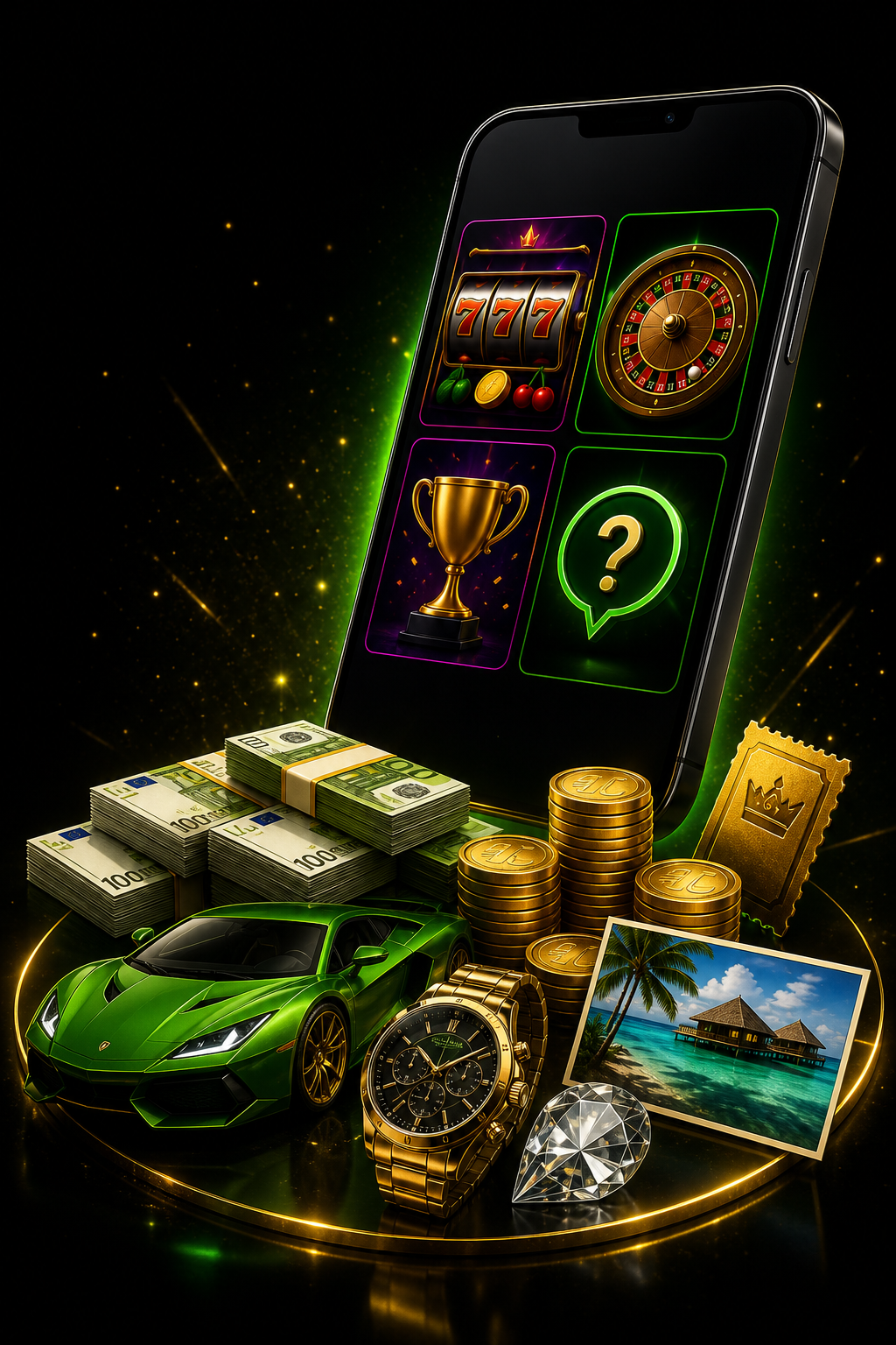 Smartphone with games, prizes, a sports car, luxury trip, watch and coins